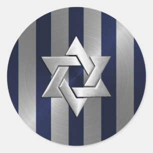 Bar Mitzvah Navy and Silver Stripe Star of David Classic Round Sticker