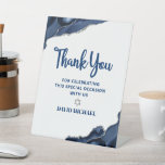 Bar Mitzvah Navy Blue Agate Script Modern Minimal Pedestal Sign<br><div class="desc">Proudly thank every guest for celebrating your son’s Bar Mitzvah with you! Display this stunning, modern, stylish, personalised pedestal sign to add to his special day. Navy blue script typography, a faux silver Star of David and blue agate accented with faux silver veins overlay a minimal white. Personalise the custom...</div>
