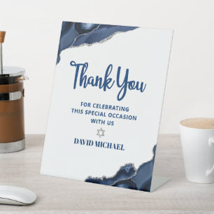 Bar Mitzvah Navy Blue Agate Script Modern Minimal Pedestal Sign