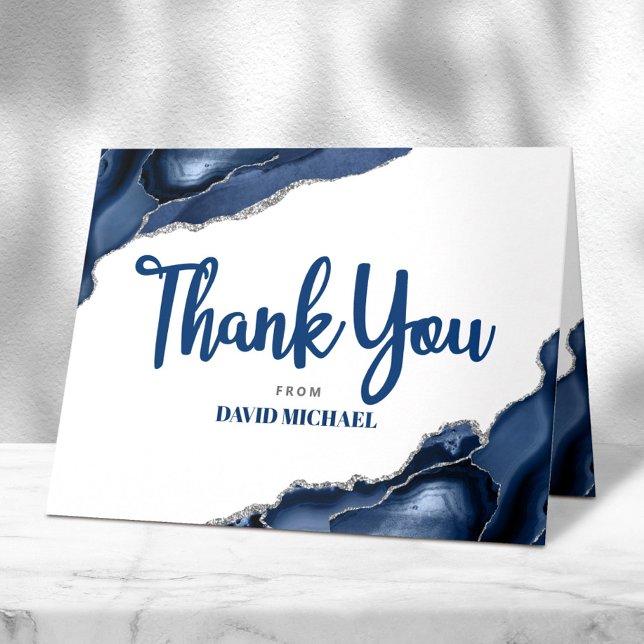 Bar Mitzvah Navy Blue Agate Script Simple Minimal Thank You Card (Creator Uploaded)