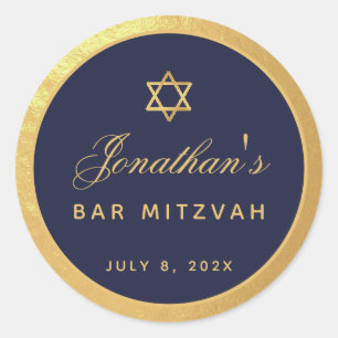 Bar Mitzvah Navy Blue Faux Gold Elegant Script Classic Round Sticker