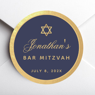 Bar Mitzvah Navy Blue Faux Gold Elegant Script Classic Round Sticker