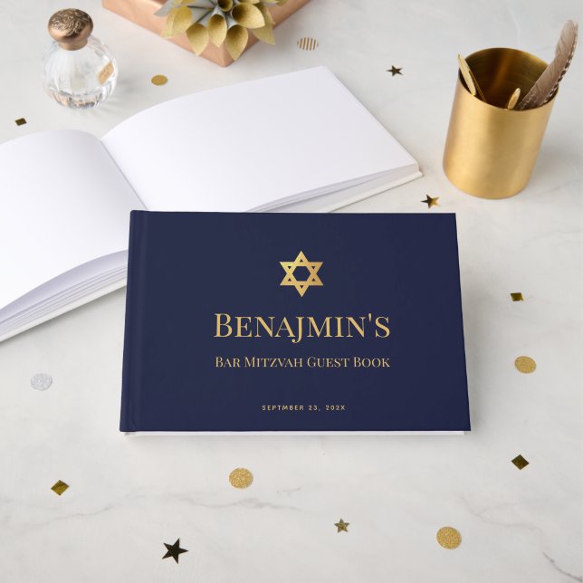 Bar Mitzvah Navy Blue Faux Gold Star of David Boy Guest Book (Front Open)