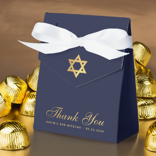 Bar Mitzvah Navy Blue Faux Gold Star Thank You Favour Box