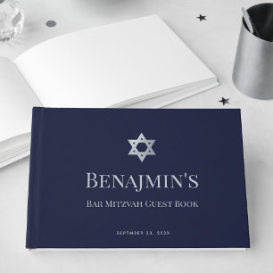 Bar Mitzvah Navy Blue Faux Silver Star of David Guest Book