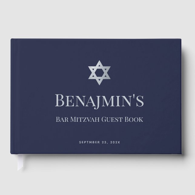 Bar Mitzvah Navy Blue Faux Silver Star of David Guest Book (Front)