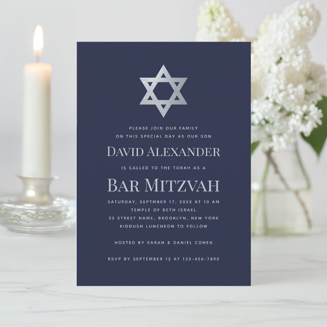 Bar Mitzvah Navy Blue & Faux Silver Star of David Invitation (Creator Uploaded)