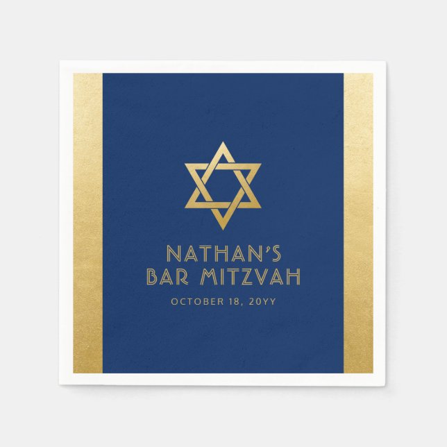 Bar Mitzvah Navy Blue Gold Modern Classic Custom Napkin (Front)