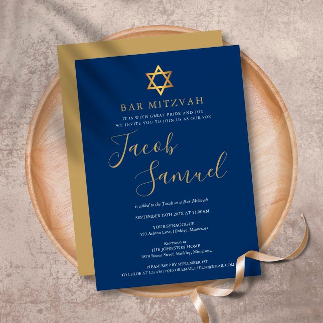 Bar Mitzvah Navy Blue Gold Script Invitation (Creator Uploaded)
