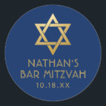 Bar Mitzvah Navy Blue & Gold Star of David Name Classic Round Sticker<br><div class="desc">Elegant modern blue and gold classic bar mitzvah stickers with custom name,  date and Star of David design. These bar mitzvah favour tag stickers are stylish and classy envelope seals,  or on your bar and bat mitzvah party decor projects.</div>