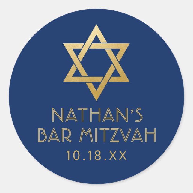 Bar Mitzvah Navy Blue & Gold Star of David Name Classic Round Sticker (Front)