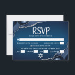 Bar Mitzvah Navy Blue Ombre Agate Cool Script Bold RSVP Card<br><div class="desc">Be proud, rejoice and celebrate this milestone of your favourite Bar Mitzvah with this cool, unique, modern, personalised RSVP insert card for your event! White script typography and Star of David overlay a deep navy blue ombre background with steel blue agate accented with faux silver veins. Personalise the custom text...</div>