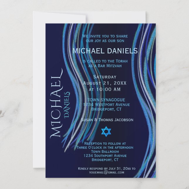 Bar Mitzvah Navy Blue Prayer Shawl Invitation (Front)