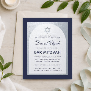 Bar Mitzvah Navy Blue Silver Budget Invitation