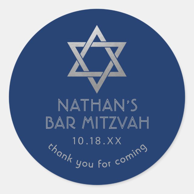Bar Mitzvah Navy Blue & Silver Star of David Name Classic Round Sticker (Front)