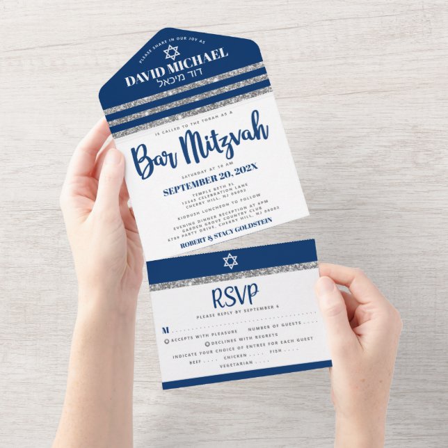 Bar Mitzvah Navy Blue Silver Tallit Modern Script All In One Invitation (Tearaway)
