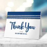 Bar Mitzvah Navy Blue Silver Tallit Script Modern Thank You Card<br><div class="desc">“Thank you.” Make sure your favourite Bar Mitzvah shows his appreciation to all who supported his milestone event! Send out this cool, unique, modern, personalised thank you card. Bold, navy blue script typography, Star of David and a navy blue and silver glitter striped tallit inspired graphic overlay a simple, white...</div>
