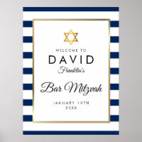 Bar Mitzvah Navy Blue White Gold Welcome Sign