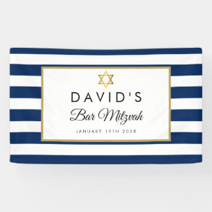 Bar Mitzvah Navy Blue White Stripe Gold Banner