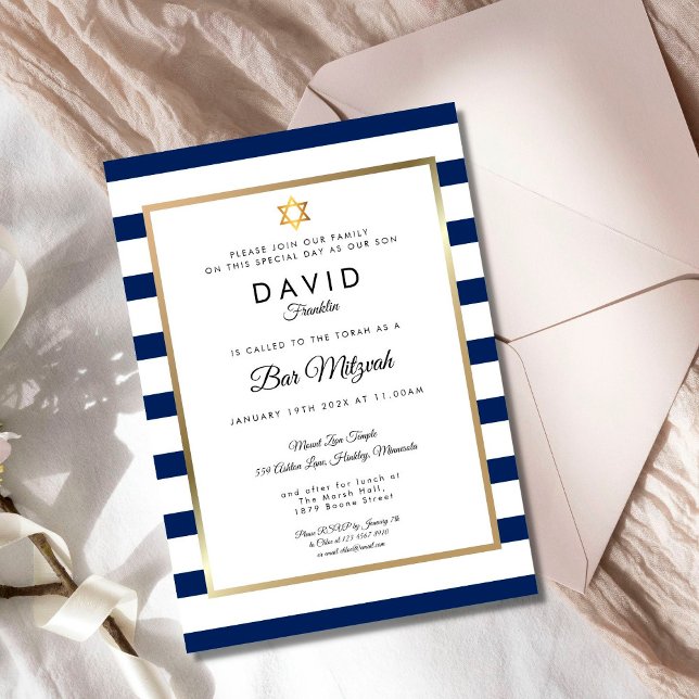 Bar Mitzvah Navy Blue White Stripe Gold Invitation (Creator Uploaded)