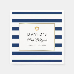 Bar Mitzvah Navy Blue White Stripe Gold Napkin
