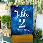 Bar Mitzvah Navy Galaxy Watercolor Agate Script Table Number<br><div class="desc">No Bar Mitzvah party is complete without personalised table number cards. Let your son be proud, rejoice and celebrate his milestone at his perfectly coordinated party. White calligraphy script, light blue grey and white typography, and steel blue agate rocks accented with faux silver veins overlay a deep blue galaxy watercolor...</div>