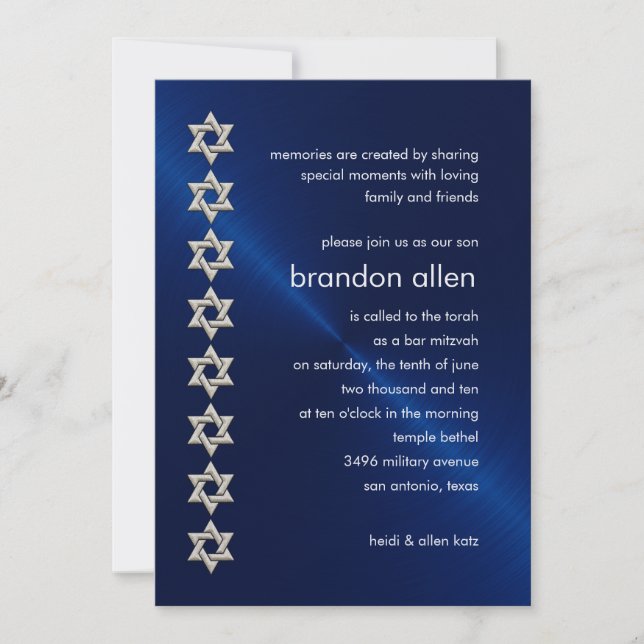 Bar Mitzvah Navy Sheen Silver Stars of David Invitation (Front)