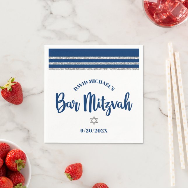 Bar Mitzvah Navy Silver Tallit Bold Script Minimal Napkin (Insitu)