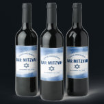 Bar Mitzvah Navy Typography Blue Foil Bold Modern Wine Label<br><div class="desc">Be proud, rejoice and showcase this milestone of your favourite Bar Mitzvah! Use this cool, unique, modern, personalised wine label to add to his special day. Faux metallic light blue foil brush strokes, navy blue typography and a navy blue Star of David overlay a clean, white background. Personalise the custom...</div>