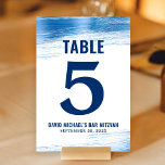 Bar Mitzvah Navy Typography Blue Foil Modern Bold Table Number<br><div class="desc">No Bar Mitzvah party is complete without personalised table number cards. Let your son be proud, rejoice and celebrate his milestone at his perfectly coordinated party. Faux metallic light blue foil brush strokes and navy blue typography overlay a simple, white background. Personalise the custom text with the table number, his...</div>