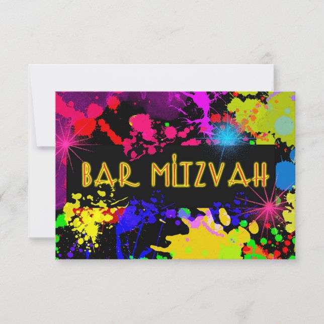 Bar Mitzvah, Neon Paint Splatter, Custom RSVP Card (Front)