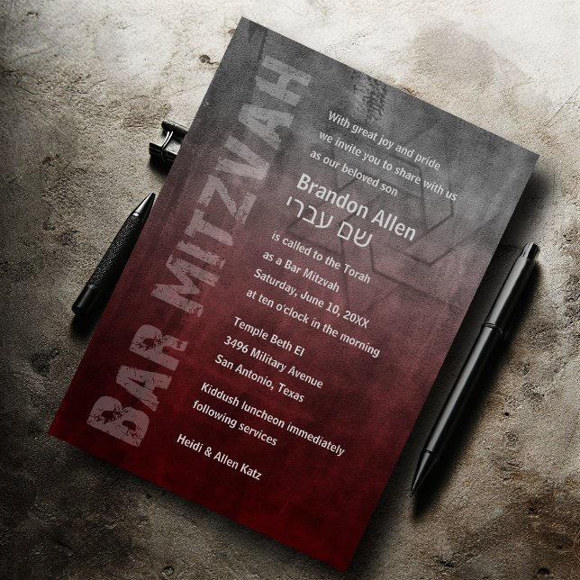 Bar Mitzvah Ombre Grunge Red Invitation (Creator Uploaded)