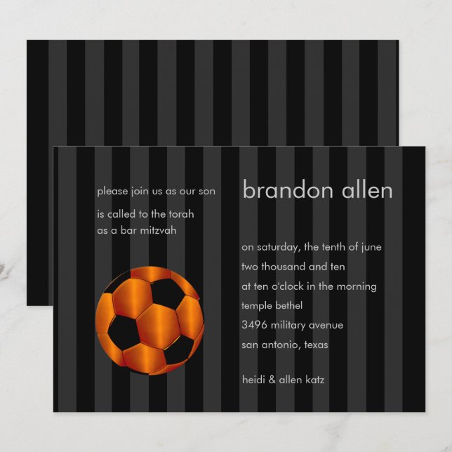 Bar Mitzvah Orange and Black Soccer Ball Invitation (Front/Back)