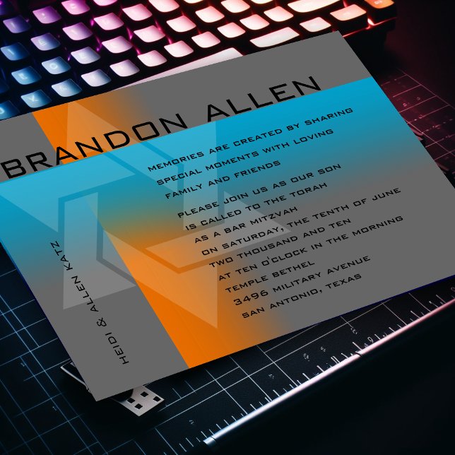 Bar Mitzvah Orange and Turquoise on Any Colour Invitation (Creator Uploaded)