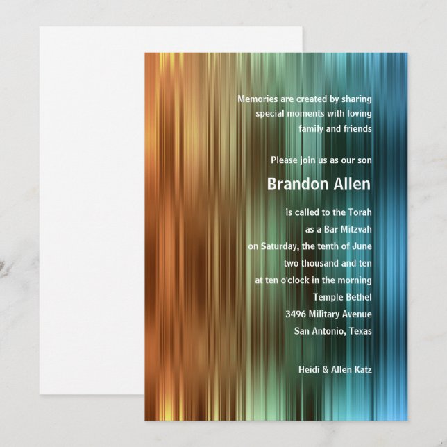 Bar Mitzvah Orange Green Blue Stripes Invitation (Front/Back)