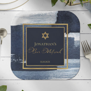 Bar Mitzvah Paper Plate   Watercolor Abstract Blue