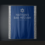 Bar Mitzvah Photo Backdrop Blue Silver Tapestry<br><div class="desc">Bar Mitzvah Personalised Photo Backdrop Tapestry with navy blue background and silver faux sparkly glitter stripe border edges and grey and silver Star of David at the top. Change the background colours and fonts by clicking "customise further" to design your own.</div>