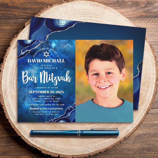 Bar Mitzvah Photo Blue Galaxy Watercolor Agate  Invitation (Creator Uploaded)