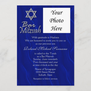 Bar mitzvah photo blue silver invitation