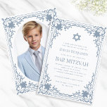 Bar Mitzvah Photo Dusty Blue Vintage Star of David Invitation<br><div class="desc">This elegant bar mitzvah invitation with a vintage air has an ornate frame with elegant baroque decorations. Above the text there is a star of David. The star, the frame and the text are dusty blue, the background is white. On the back, it has an oval placeholder photo inside the...</div>