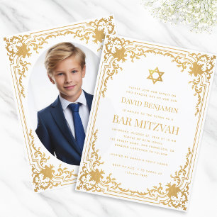 Bar Mitzvah Photo Faux Gold Star Vintage Elegant  Invitation