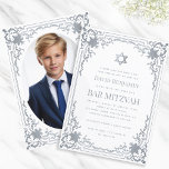 Bar Mitzvah Photo Faux Silver Star Elegant Ornate Invitation<br><div class="desc">This elegant bar mitzvah invitation with a vintage air has an ornate faux silver foil frame with elegant baroque decorations. Above the text there is a star of David, also in faux silver. All text can be personalised and has a grey colour similar to the silver frame. The background is...</div>
