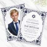 Bar Mitzvah Photo Navy Blue Star Elegant Vintage  Invitation<br><div class="desc">This elegant bar mitzvah invitation with a vintage air has an ornate frame with elegant baroque decorations. Above the text there is a star of David. The star, the frame and the text are navy blue, the background is white. On the back, it has an oval placeholder photo inside the...</div>