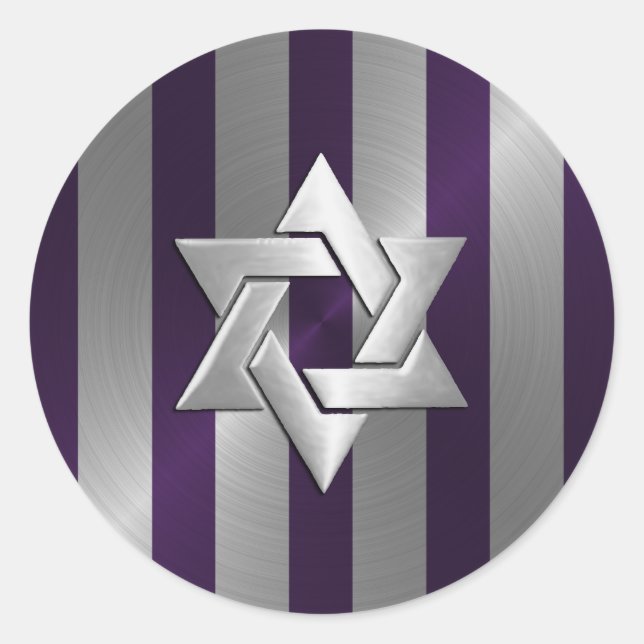 Bar Mitzvah Plum and Silver Stripe Star of David Classic Round Sticker (Front)