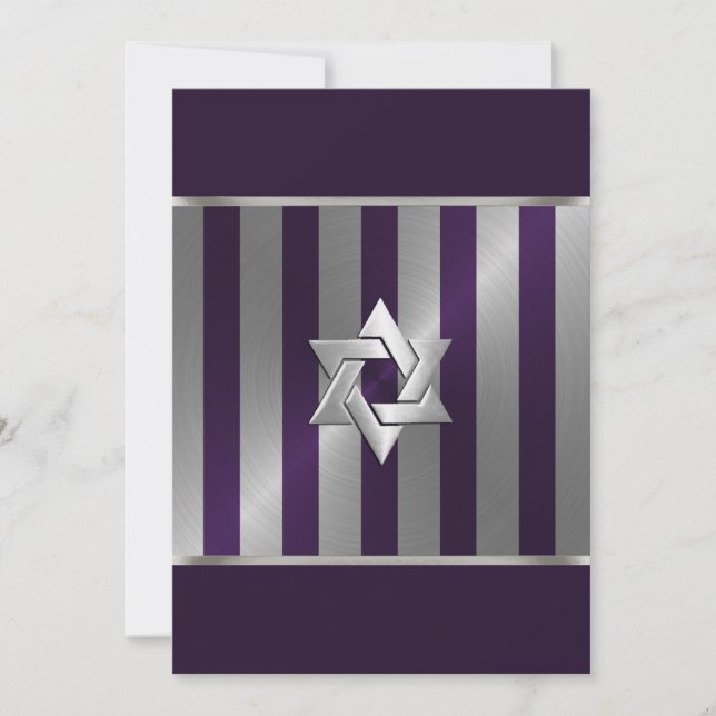 Bar Mitzvah Plum and Silver Stripe Star of David Invitation (Front)
