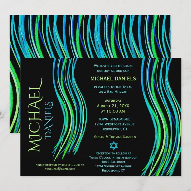 Bar Mitzvah Prayer Shawl Bright Neon Green Invitation (Front/Back)