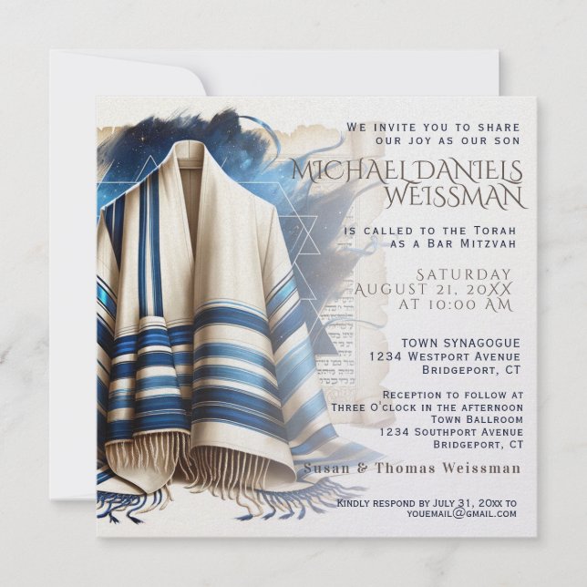 Bar Mitzvah Prayer Shawl Scroll Invitation (Front)
