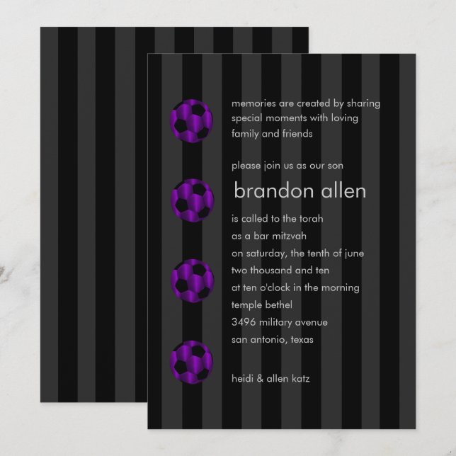 Bar Mitzvah Purple and Black Soccer Ball Invitation (Front/Back)