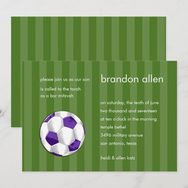 Bar Mitzvah Purple and White Soccer Ball Invitation (Front/Back)