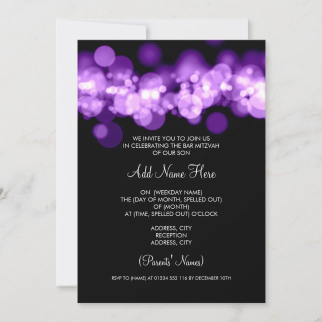 Bar Mitzvah Purple Bokeh Lights Invitation (Front)